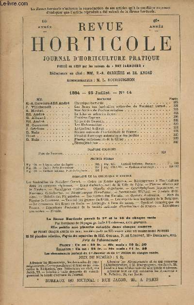 LA REVUE HORTICOLE 1894 N 14 - 66e anne 16 juil. -Chronique horticole - Les fleurs aux funrailles nationales du Prsident Carnot - Nanification du Justicia velutina - Le lilas en arbre du Japon - Fraisiers caprons - Le parc de Bourran