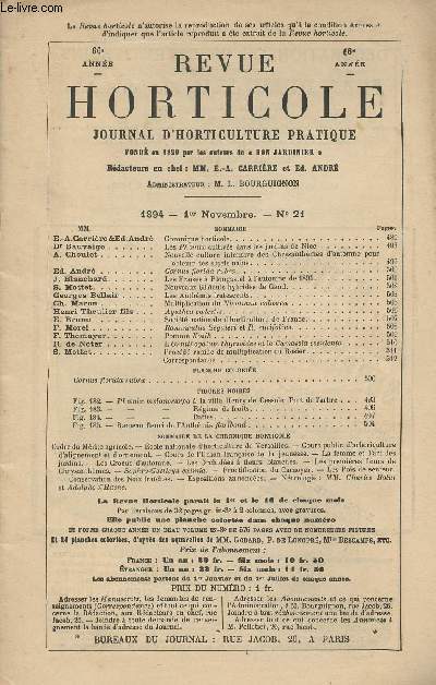 LA REVUE HORTICOLE 1894 N 21 - 66e anne 1er nov. - Chronique horticole - Les phoenix cultivs dans les jardins de Nice - Nouvelle culture intensive des chrysanthmes d'automne pour obtenir des sujets nains - Cornus florida rubra