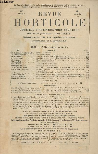 LA REVUE HORTICOLE 1894 N 22 - 66e anne 16 nov. - Chronique horticole - Ceinture d'lagage - Violette  grande fleur Princesse de Galles - Les fraises et les lilas en Basse-Bretagne  l'automne - Classification des Reines-Marguerites