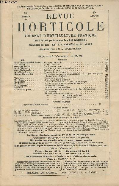 LA REVUE HORTICOLE 1894 N 24 - 66e anne 16 dc. - Chronique horticole - Pierre Duchartre - Les pommes russes - Les clivias ou Himantophyllum - Lgumes africains - Pommes de terre  salade - Prparation, drainage et assainissement du sol pour les plantat