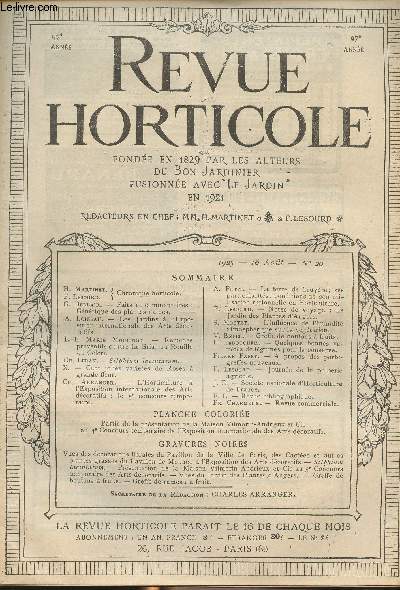 LA REVUE HORTICOLE 1925 N 20 - 16 aot - H. Martinet, F. Lesourd : Chronique horticole - G. Bellair : Faits et commentaires : gntique des plantes naines - A. Loizeau : Les jardins  l'exposition internationale des arts dcoratifs - L.-E. Marie Moulinot