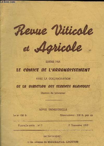 REVUE VITICOLE ET AGRICOLE N7 1959 - l'odium - les analyses du sol - influence de l'alimentation sur la qualit des viandes bovines et ovines etc.