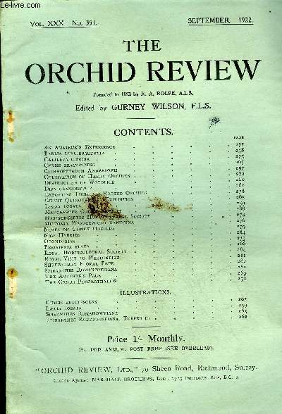 THE ORCHID REVIEW N°351 SEPTEMBER 1922 - An Amateur's Experience Barlia longibracteata Cattleya citrina .Chysis bractescens Cirrhopetalum Andersonii Cultivation cf Hardy Orchids Destruction of Woodlice Disa graminifoliaNotes on Sussex OrchidsNew Hybrids