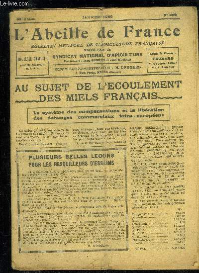 L'ABEILLE DE FRANCE N292 - AU SUJET DE L'ECOULEMENT DES MIELS FRANCAIS, LES TRAVAUX DU MOIS, NOURRISSEMENT AU CANDI, LE COIN DU FERBLANTIER, LES DEPLACEMENTS DE RUCHES AU RUCHER, LES HYDROMELS