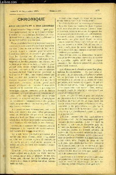 LE PETIT JARDIN ILLUSTRE N 97 - Chronique, H. Martinet ; Gladiolus colvillei, D. Guihneuf. Une belle vigne rustique, J. F. ; Les gymnogrammes, Albert Larqu ; Des orchides rustiques, Albert Maumen ; Semis d'automne des plantes potagres et soins gnr