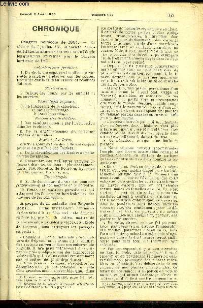 LE PETIT JARDIN ILLUSTRE N 144 - Chronique ; Les molnes, H. Correvon ; Laitue rose  graines blanches, Louis Mntrot ; Le quinoa, Henri Blin ; Les asclpiades, V. Faroult ; Le jujubier, Lag. ; Les boutures tronques, Jules Rigaux ; La tenthrde lima