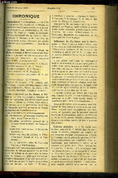 LE PETIT JARDIN ILLUSTRE N 173 - Chronique ; Les plantes aquatiques et de tourbires 3, Albert Maumen ; Le mat, C. Boullerot ; Plantation du pcher, A. Gourlot ; Sur la carotte, Louis Trasse ; Culture de l'achimenes, CL. Riffault ; Varits, P. Lepage