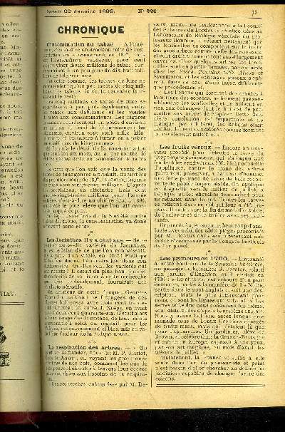 LE PETIT JARDIN ILLUSTRE N 220 - Les Chrysanthmes dans Vornementation, par M. Albert Maumen; Le Bgonia semperflorens, par M. S. Mottet; La taille des arbres fruitiers, par M.E. Courtois; ainsi que Les premiers semis de Carottes de pleine terre, par M.