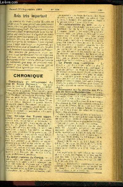 LE PETIT JARDIN ILLUSTRE N 308 - Les Sotidago, par M. J. Mottet.Les Pellioma et leur culture, par M. Jules Ru-dolph ;Cordon bisannuelde la oigne, par M. Delaville;Culture et hivernage des abeilles, par M. Chassant;L'Art de faire le vin, par M. F. Chambu