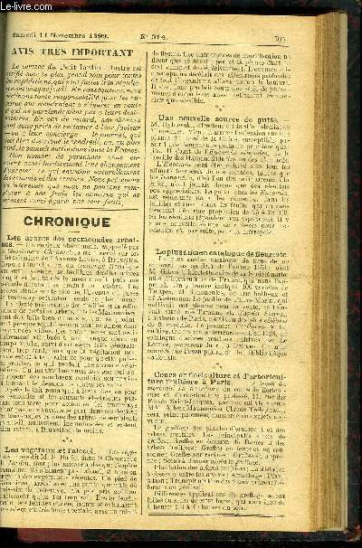 LE PETIT JARDIN ILLUSTRE N 314 - La culture des Dracaena, par M. Jules Rudolph ;Le surgreffage des arb/es fruitiers, par M. Adolphe Loiseau ;Le forage des plantes en appartements, par M. Albert Maumen;Le sucrage des vendanges, par M. F. Cham
