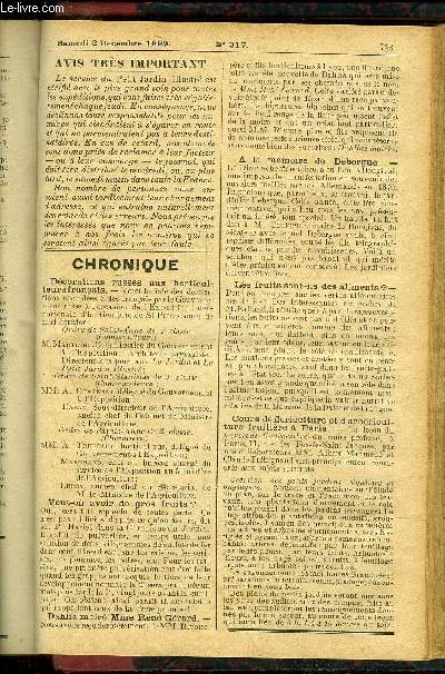 LE PETIT JARDIN ILLUSTRE N 317 - La culture force des Jacinthes en appartements, par M. Albert Maumen;Les travaux de dcembre au jardin, par M. Henry ArtiguenayeLa tranquillit ncessaire aux abeilles pendant l'hiver, par M. Maurice Chassant;La culture