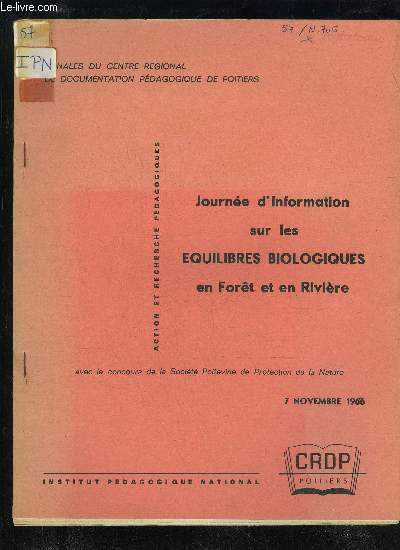JOURNEE D'INFORMATION SUR LES EQUILIBRES BIOLOGIQUES EN FORET ET EN RIVIERE