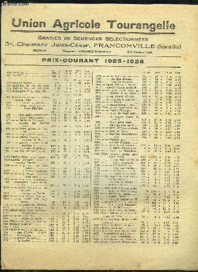 GRAINES DE SEMENCES SELECTIONNEES - UNION AGRICOLE TOURANGELLE PRIX COURANT 1925-1926