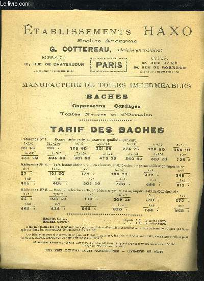 ETABLISSEMENTS HAXO - MANUFACTURE DE TOILES IMPERMEABLES - TARIF DES BACHES
