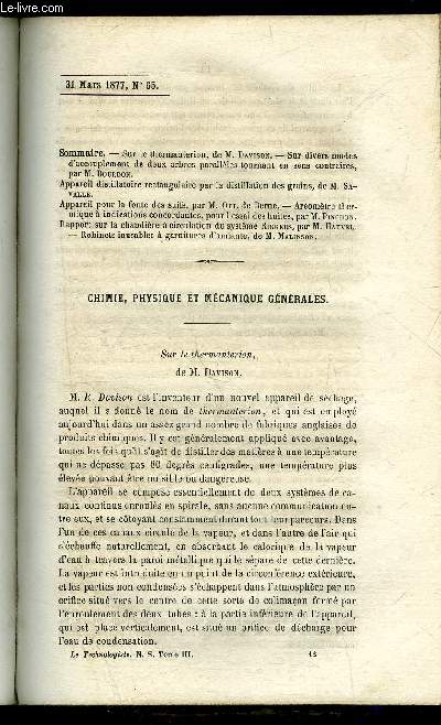 LE TECHNOLOGISTE OU ARCHIVES DES PROGRES DE L'INDUSTRIE FRANCAISE ET ETRANGERE N 65 - Sur le thermanierion, de M. Davison. - Sur divers modes d'accouplement de deux arbres parallles tournant en sens contraires, par M. Bourdon.Appareil distillatoire rect