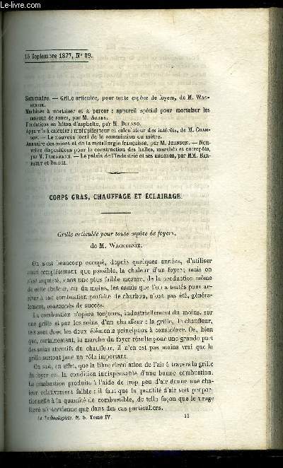 LE TECHNOLOGISTE OU ARCHIVES DES PROGRES DE L'INDUSTRIE FRANCAISE ET ETRANGERE N 89 - Grille articule, pour toute espce de foyers, de M. Wac-kehnie.Machines  mortaiser et  percer : appareil spcial pour mortaiser les moyeux de roues, par M. Arbey.Fon