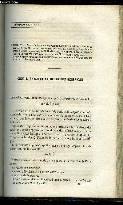 LE TECHNOLOGISTE OU ARCHIVES DES PROGRES DE L'INDUSTRIE FRANCAISE ET ETRANGERE N 101 - Nouvelle formule approche pour le calcul des poutres en double T, par M. Prisse. - Nouveaux appareils pour la prparation en grand de l'hydrogne pur, de M. H. Giffa