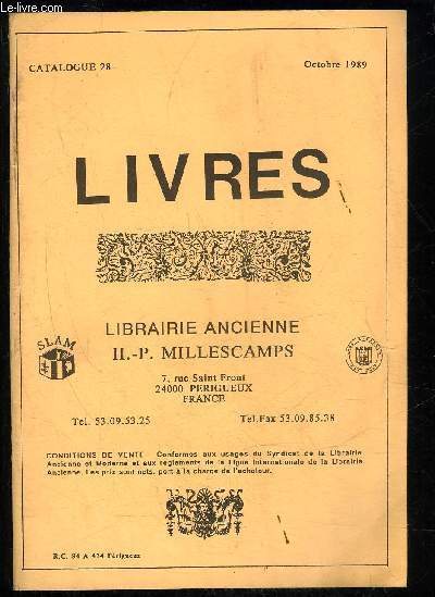 LIVRE - LIBRAIRIE ANCIENNE - H.P. MILLESCAMPS - CATALOGUE 29 - 1990