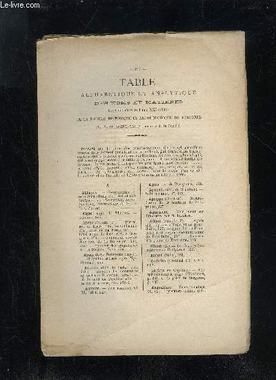 TABLE ALPHABETIQUE ET ANALYTIQUE DES NOMS ET MATIERES CONTENUS DANS LE TOME XXI (1894) DE LA SOCIETE HISTORIQUE ET ARCHEOLOGIQUE DU PERIGORD