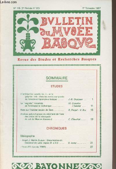 BULLETIN DU MUSEE BASQUE N 115 - ETUDESL'anticipation nasale de - b- et la graphie -mb- dans les noms composs de l'ancienne toponymie basque, J.-B. Orpustan - Le 