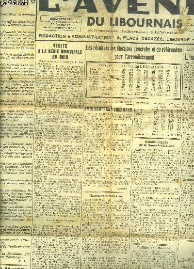 L'AVENIR DU LIBOURNAIS N5 27 OCTOBRE 1945 - Prface  l'Union ncessaire - visite  la rgie municipale du bois - les rsultats des lections gnreales et du rfrendum pour l'arrondissement - l'habitation rurale - tribunal correctionnel etc.