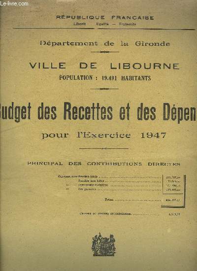 BUDGET DES RECETTES ET DEPENSES POUR L'EXERCICE 1947 - VILLE DE LIBOURNE