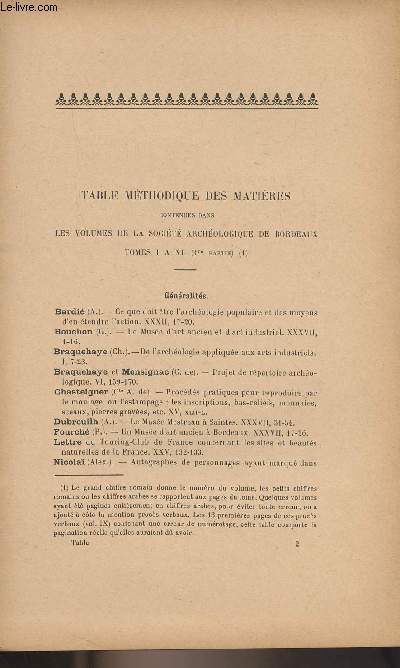 Table mthodique des matires contenus dans les volumes de la Socit archologique de Bordeaux, Tomes I  XL (1re partie)