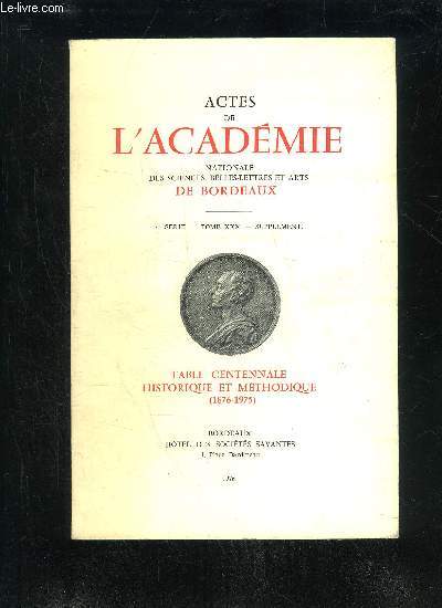 ACTES DE L'ACADEMIE NATIONALE DES SCIENCES, BELLES-LETTRES ET ARTS DE BORDEAUX - 4EME SERIE - TOME XXX - SUPPLEMENT - TABLE CENTENALE HISTORIQUE ET MEHODIQUE (1876-1975)