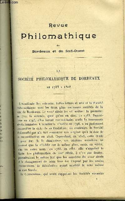 REVUE PHILOMATHIQUE DE BORDEAUX ET DU SUD OUEST - JANVIER 1898 - la socit philomathique de Bordeaux de 1783  1808 par Raymond Celeste - analyse des mlanges liquides par homotrope (suite et fin) - croiseurs cuirasss par Charles Bnard etc.