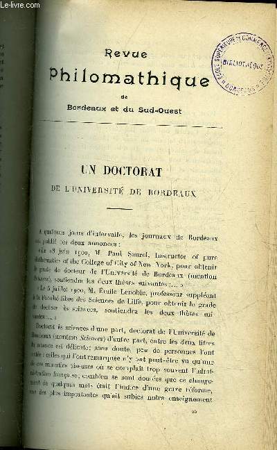 REVUE PHILOMATHIQUE DE BORDEAUX ET DU SUD OUEST - SEPTEMBRE 1900 un doctorat de l'universit de Bordeaux par P.Duhem - Hamlet notes critiques par G.Platon - Bordeaux a l'exposition par Henri Lorin - ruines d'une construction des premiers sicles etc.