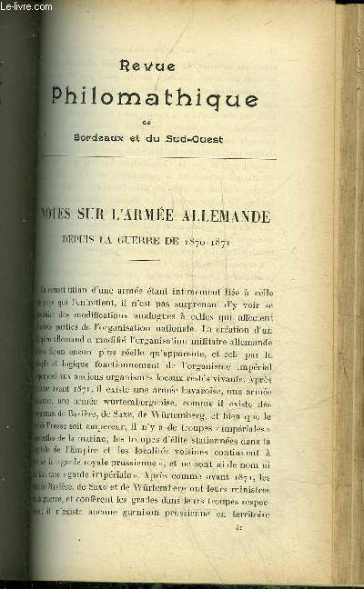 REVUE PHILOMATHIQUE DE BORDEAUX ET DU SUD OUEST - NOVEMBRE 1902 - notes sur l'arme allemande depuis la guerre de 1870-1871 par P.Camena D'Almeida - le monde en l'an 2000 d'aprs M.Wells (suite) - la gaule africaine ses richesses son avenir (suite) etc.