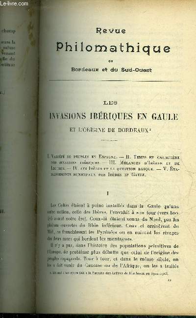 REVUE PHILOMATHIQUE DE BORDEAUX ET DU SUD OUEST - AOUT 1903 - les invasions ibriques en gaule et l'origine de Bordeaux par Camille Jullian - pour n'avoir pas chaud par Dr J.Bergoni - preuves de l'antique stabilit des cotes de Gascogne par Saint Jours.