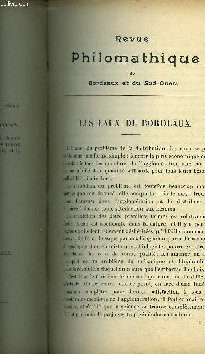 REVUE PHILOMATHIQUE DE BORDEAUX ET DU SUD OUEST - NOVEMBRE 1903 - les eaux de Bordeaux par J.Lidy - Charles Louis de Montesquieu a l'arme 1772  1782 par Raymond Cleste - le salon d'automne des artistes Girondins par Albert Cagnieul .