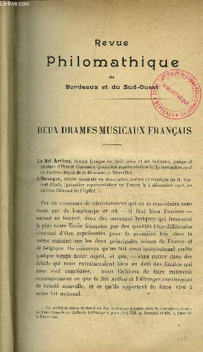 REVUE PHILOMATHIQUE DE BORDEAUX ET DU SUD OUEST - JANVIER 1904 - deux drames musicaux franais par Gustave Samazeuilh - pour n'avoir pas froid par J.Bergoni - a l'acadmie de Bordeaux par A.C. - chronique.