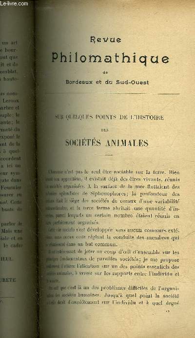 REVUE PHILOMATHIQUE DE BORDEAUX ET DU SUD OUEST - AVRIL 1904 - sur quelques points de l'histoire des socits animales par Elie Metchnikoff - un rcent procs spirite par J.Maxwell - les samedis littraires du thatre des arts 2e anne par Jules Durieu .