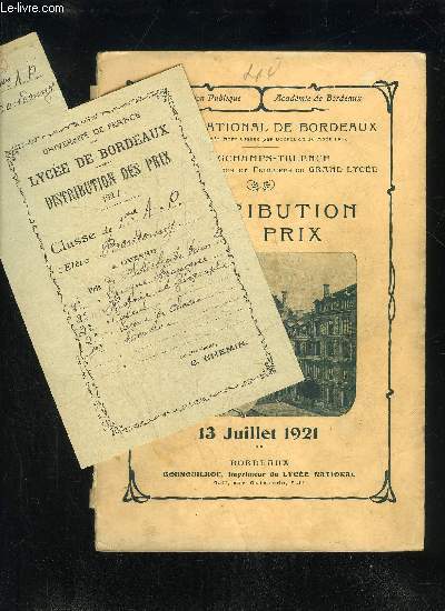 DISTRIBUTION DES PRIX 1921 - LYCEE NATIONAL DE BORDEAUX - LONGCHAMPS TALENCE