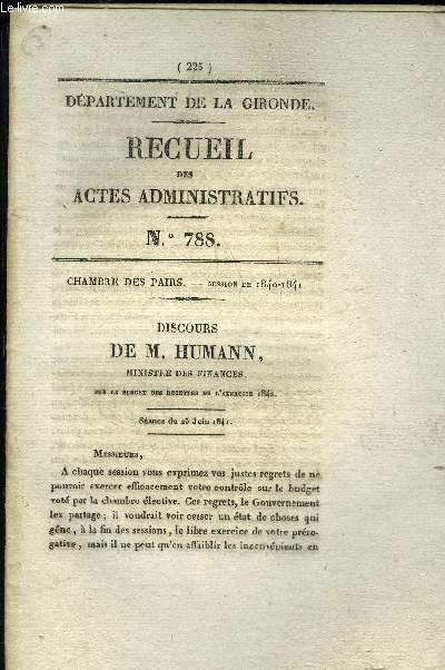 RECUEIL DES ACTES ADMINISTRATIFS N788 - CHAMBRE DE PAIRS - DISCOURS DE M. HUMANN