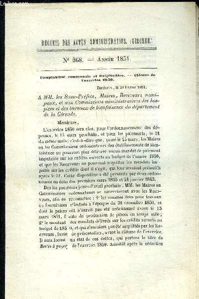 RECUEIL DES ACTES ADMINISTRATIFS DU DEPARTEMENT DE LA GIRONDE N268 - COMPTABILITE COMMUNALE ET HOSPITALIERE - CLOTURE DE L'EXERCICE DE 1850