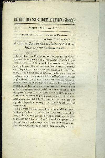 RECUEIL DES ACTES ADMINISTRATIFS (GIRONDE) N11 - ELECTIONS DES DEPUTES AU CORPS LEGISLATIF