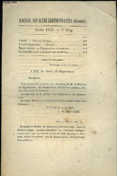 RECUEIL DES ACTES ADMINISTRATIFS (GIRONDE) N30 - Police. - Vente de Varsenic..Anciens militaires. - Secours.. Recrutement. -Engagements volontaires Recherches dans l'intrt des familles.