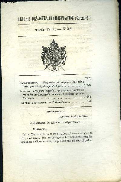RECUEIL DES ACTES ADMINISTRATIFS (GIRONDE) N35 - SUSPENSION DES ENGAGEMENTS VOLONTAIRES POUR LES EQUIPAGES DE LIGNE - CORPS POUR LESQUELS LES ENGAGEMENTS VOLONTAIRES ET LES DEVANCEMENTS DE MISE EN ACTIVITE PEUVENT ETRE RECUS