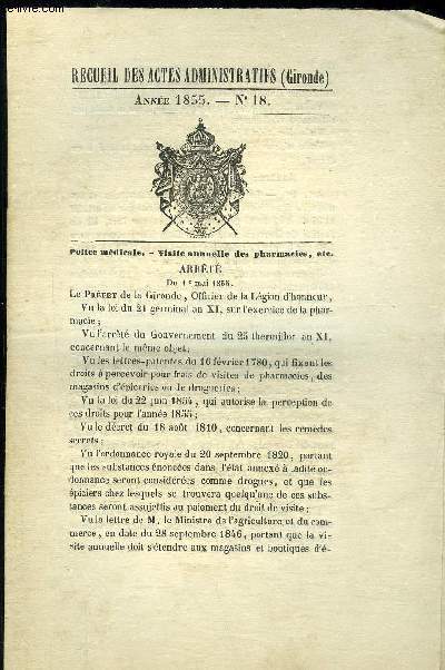 RECUEIL DES ACTES ADMINISTRATIFS (GIRONDE) N18 - POLICE MEDICALE VISITE ANNUELLE DES PHARMACIES ETC