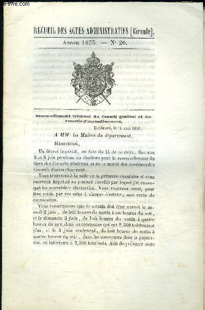 RECUEIL DES ACTES ADMINISTRATIFS (GIRONDE) N20 - RENOUVELLEMENT TRIENNAL DU CONSEIL GENERAL ET DES CONSEILS D'ARRONDISSEMENT