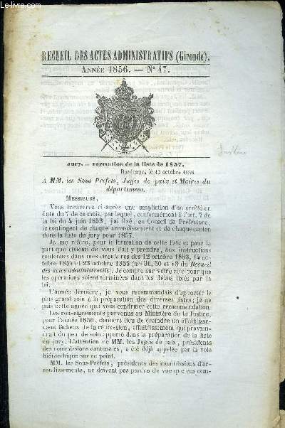 RECUEIL DES ACTES ADMINISTRATIFS (GIRONDE) N47 - JURY FORMATION DE LA LISTE DE 1857