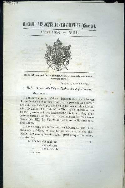 RECUEIL DES ACTES ADMINISTRATIFS (GIRONDE) N21 - DENOMBREMENT DE LA POPULATION - RENSEIGNEMENTS STATISTIQUES