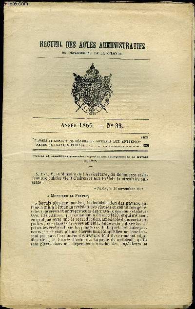 RECUEIL DES ACTES ADMINISTRATIFS DU DEPARTEMENT DE LA GIRONDE N 33 - CLAUSES ET CONDITIONS GENERALES IMPOSEES AU ENTREPRENEURS DE TRAVAUX PUBLICS