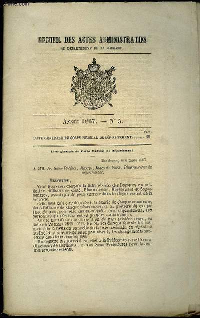 RECUEIL DES ACTES ADMINISTRATIFS DU DEPARTEMENT DE LA GIRONDE N 5 - LISTE GENERALE DU CORPS MEDICAL DU DEPARTEMENT