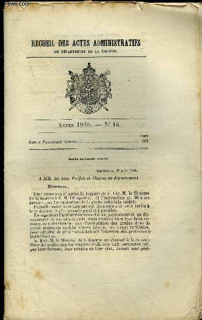 RECUEIL DES ACTES ADMINISTRATIFS DU DEPARTEMENT DE LA GIRONDE N 16 - GARDE NATIONALE MOBILE