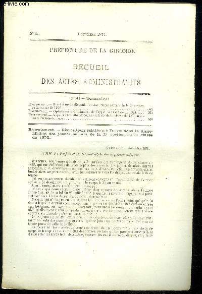 PREFECTURE DE LA GIRONDE RECUEIL DES ACTES ADMINISTRATIFS N 41 - Recrutement.- Envoi dans la disponibilit des jeunes soldats de la 2e portionde la classe de 1872..Recrutement.- Oprations prliminaires de.l'appel de la classe de 1874..Recrut