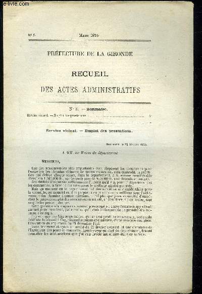 PREFECTURE DE LA GIRONDE RECUEIL DES ACTES ADMINISTRATIFS N 5 - SERVICE VICINAL EMPLOI DES PRESTATIONS